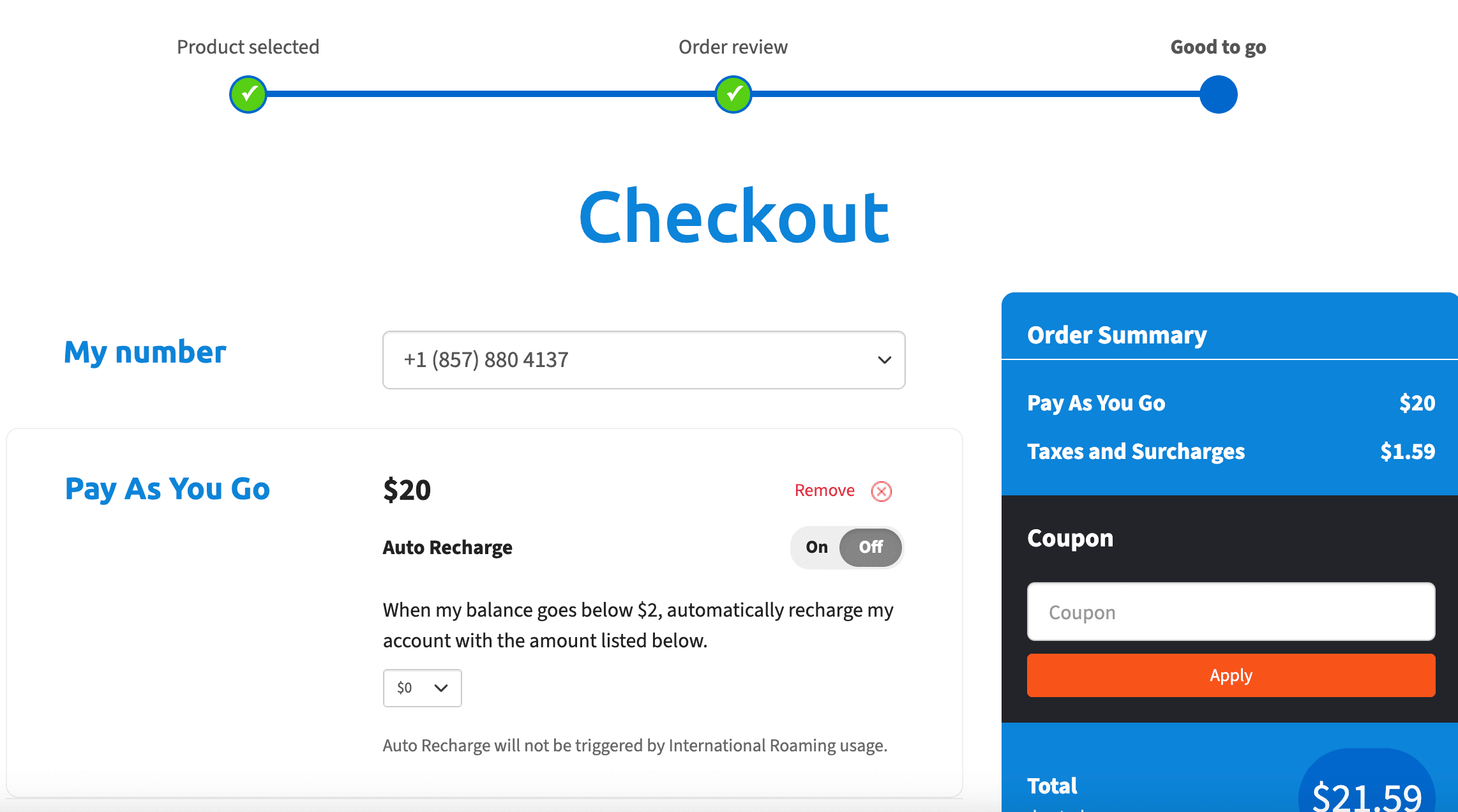 Tello Checkout 页面显示 Pay As You Go 20 美金订单