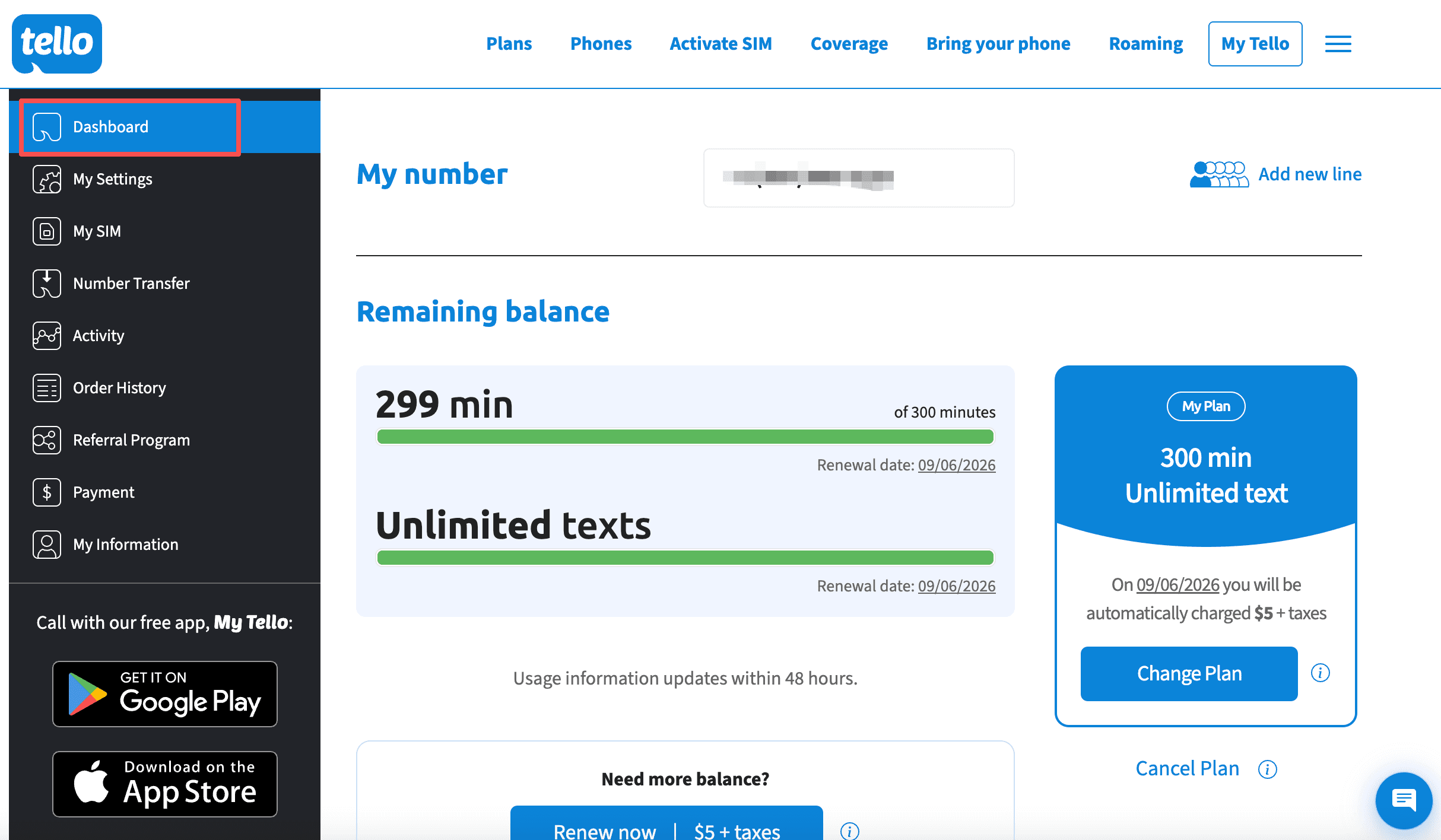 Tello Dashboard 页面显示 Remaining balance 区域