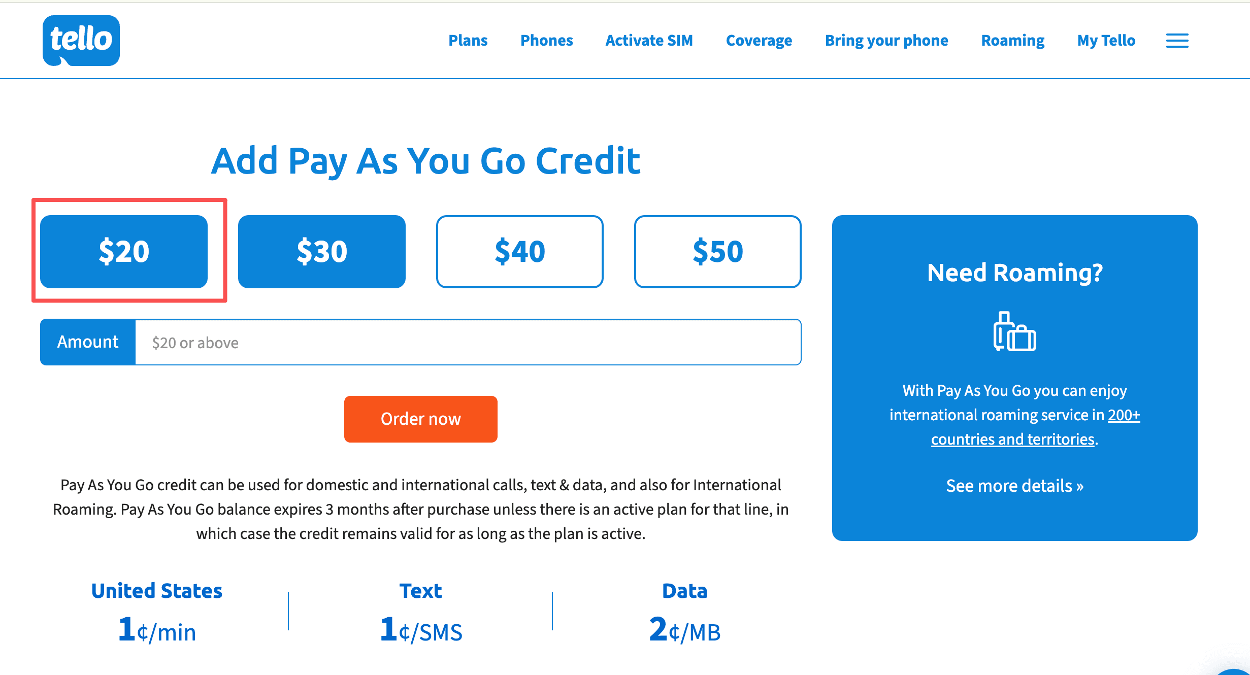 Tello Add Pay As You Go Credit 页面选择 20 美金充值金额